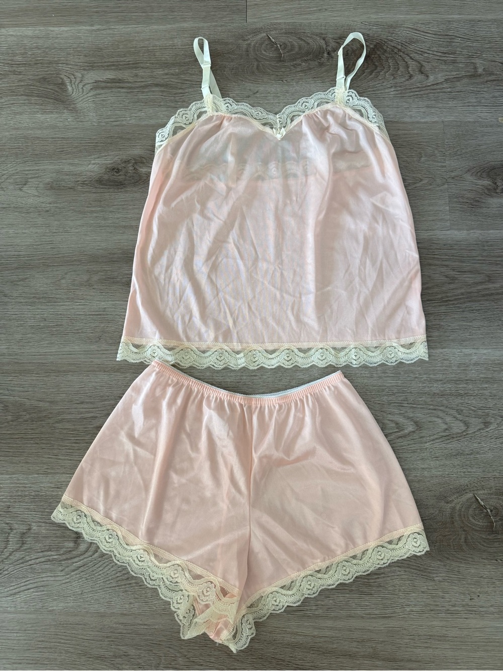 Vintage UnderCover Wear Lace-Trim Pink Satin Cami & Short Sleep Set